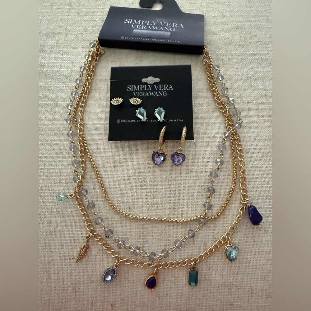 Simply Vera Vera Wang Gold Tone 3 Layer Charm Necklace & Matching Earrings NWT